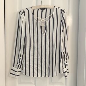 Express Black & White Vertical Striped Blouse Criss Cross Front